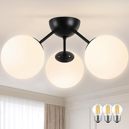 Bagood 3-Light Mid Century Modern Semi Flush Mount Ceiling Light, Opal Glass Globe & Matte Black, Dimmable, UL Certified, for Bedroom, Kitchen, Living Room (Bulb Incl.)