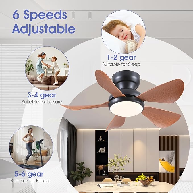 Kviflon 32 Inch Modern Ceiling Fans with Lights, Small Flush Mount Ceiling Fan with Light and Remote/APP Control, 5 Reversible 6 Speeds Curved Blades, 3 CCT Dimmable Lights for Kids Room, Brown