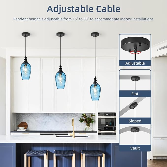 Glass Pendant Lights Kitchen Island, Modern Farmhouse Blue Hanging Indoor Kitchen Island Pendant Lighting, Adjustable Cable, Hand Blown Glass Shade & E26 Base for Bathroom, Hallway, 2 Pack