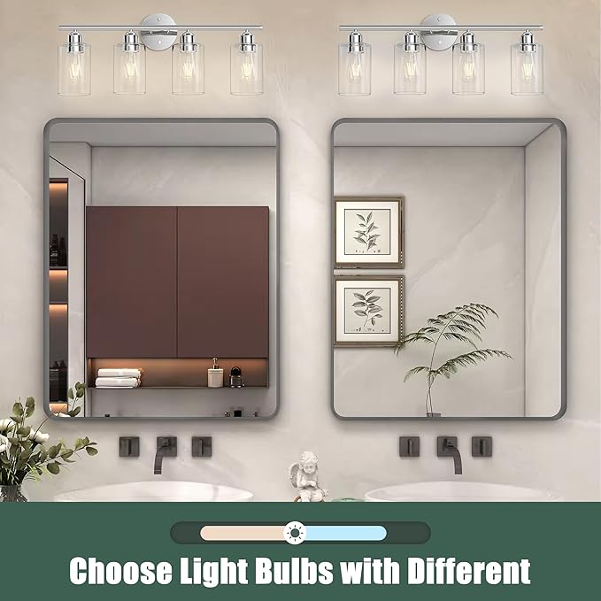 Bathroom Vanity Light Fixtures Polished Chrome,4 Lights Rustic Farmhouse Vanity Bar Lighting Over Mirror Modern Industrial Wall Sconces Lamp with Cylinder Glass Shade