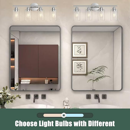 Bathroom Vanity Light Fixtures Polished Chrome,4 Lights Rustic Farmhouse Vanity Bar Lighting Over Mirror Modern Industrial Wall Sconces Lamp with Cylinder Glass Shade
