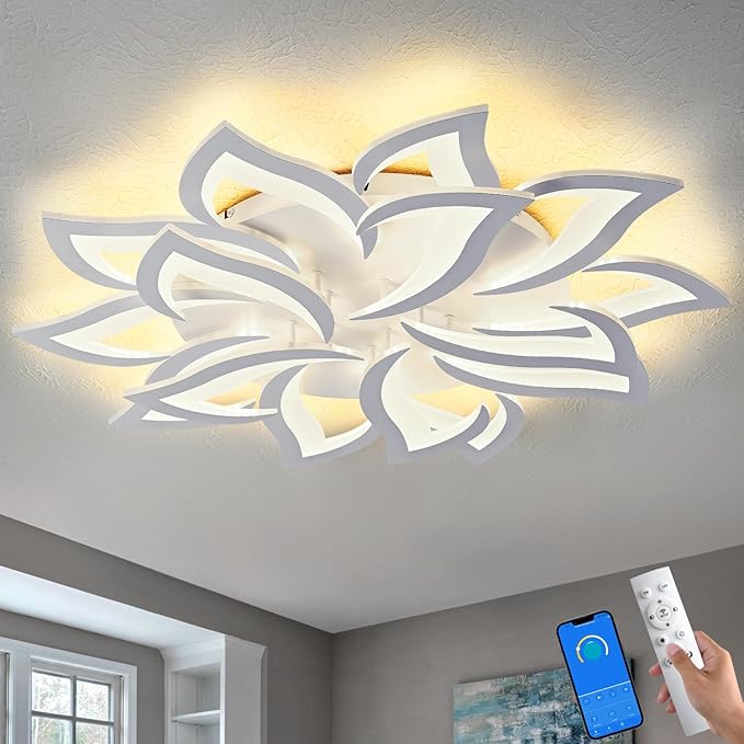 36" White Modern Geometric Dimmable Ceiling Light Fixture, 15 Leaves Low Profile Flush Mount Ceiling Light for Kitchen, Bedroom, Living Room
