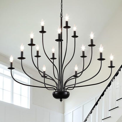 15-Light Black Farmhouse Chandelier, 39" Modern Farmhouse Dining Room Light Fixture for Hight Ceiling, Metal Vintage Entryway Chandelier for Foyer Hallway Entryway Living Room Kitchen E12