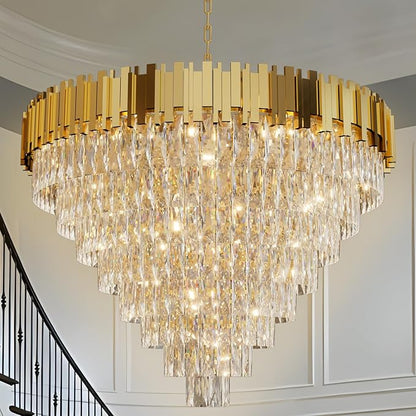 Gold Crystal Chandelier 40” 8-Tier Modern Round K9 Crystal Ceiling Light, Height Adjustable 16-Light Luxury Pendant Lighting for High Ceiling Dining Room Living Room Foyer Staircase