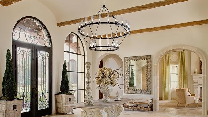 70 Inch Black Wagon Wheel Chandelier 2 Tier with Glass Shade, 36 Lights, Modern Farmhouse Style, Ideal for Dining Room, Kitchen, Entryways