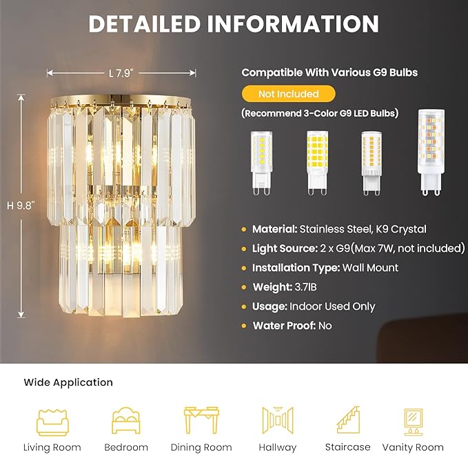 Siljoy 2-Lights Modern Crystal Wall Light, 2-Tiers Crystal Bedside Wall Mount Lighting Fixture, Mirror Gold Stainless Steel K9 Crystal Wall Sconce for Bedroom Living Room Hallway H10'' x L8''