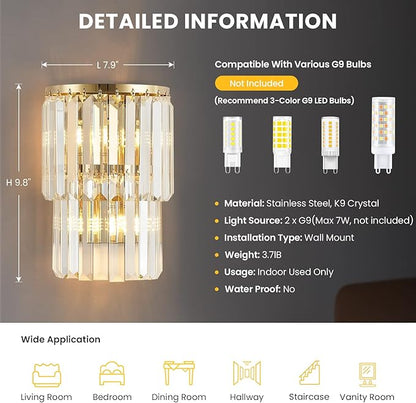 Siljoy 2-Lights Modern Crystal Wall Light, 2-Tiers Crystal Bedside Wall Mount Lighting Fixture, Mirror Gold Stainless Steel K9 Crystal Wall Sconce for Bedroom Living Room Hallway H10'' x L8''