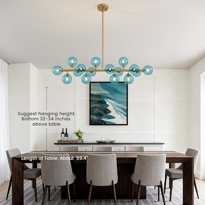 Mid Century Modern Blue Glass Gold Chandelier Rectangle Pendant Light Fixtures Linear Sputnik Chandeliers for Kitchen Island Dining Room Over Table
