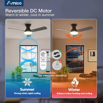Amico 2 Pack Ceiling Fans with Lights, 42 inch Low Profile Ceiling fan with Light and Remote Control, Flush Mount, Reversible, 3CCT, Dimmable, Noiseless, Black Ceiling Fan for Bedroom, Indoor/Outdoor