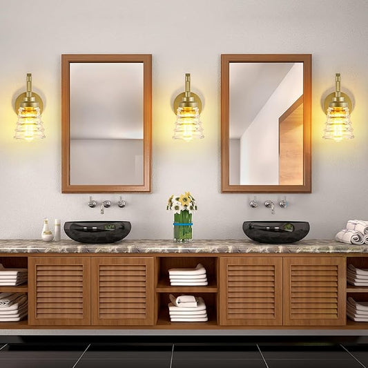 Gold Bathroom Wall Sconce, Brass Sconces Wall Lighting with Clear Glass Shade, Modern Wall Light Fixture for Bedroom Hallway Mirror