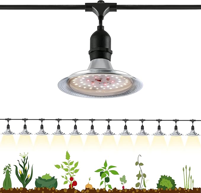 Outdoor LED Grow Light, 12-Light Full Spectrum Grow Light Strip, Waterproof Plant Growing Lamps, UL Certified String Grow Lights for Greenhouse Garden, 41FT Outdoor Grow Light for Veg Seedling