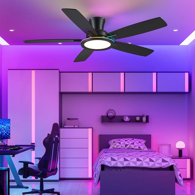 BYKISTOK Flush Mount Ceiling Fan with RGB Light - 52In Black Ceiling Fan Light with Reversible Mute Motor, LED 3CCT Dimmable, Low Profile Modern Ceiling Fans for Indoor, Party, Covered Outdoor