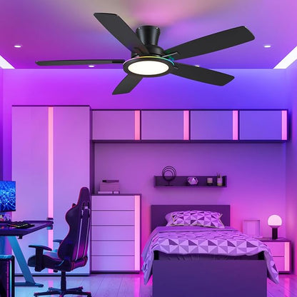 BYKISTOK Flush Mount Ceiling Fan with RGB Light - 52In Black Ceiling Fan Light with Reversible Mute Motor, LED 3CCT Dimmable, Low Profile Modern Ceiling Fans for Indoor, Party, Covered Outdoor