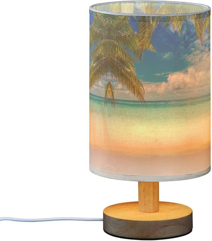 Beach Summer Cloud Blue Sky Ocean Palm Tree Table Lamp with Wood Base Fabric Lamp Shade Bedside Nightstand Desk Lamp for Living Room Bedroom Kids Room Office