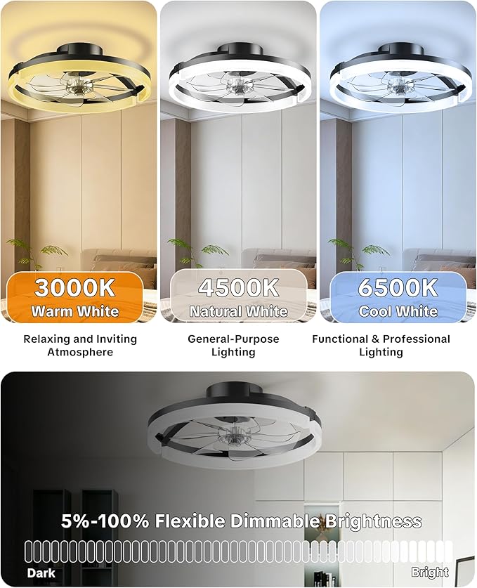Ceiling Fans with Lights and Remote Low Profile Flush Mount LED Ceiling Fan with Lights 3000K-6500K Dimmable Foldable Fandelier Light 6 Wind Speeds Night Light for Bedroom Living Room Black