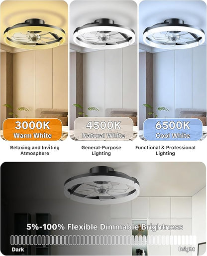 Ceiling Fans with Lights and Remote Low Profile Flush Mount LED Ceiling Fan with Lights 3000K-6500K Dimmable Foldable Fandelier Light 6 Wind Speeds Night Light for Bedroom Living Room Black