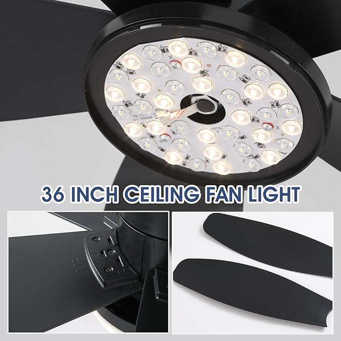 Surtime Flush Mount RGB Ceiling Fans with Lights-36 Low Profile Ceiling Fan with Light and Remote/APP Control,DC Reversible,LED Dimmable Blakc Ceiling Fans for Bedroom,Indoor/Outdoor Patio Use