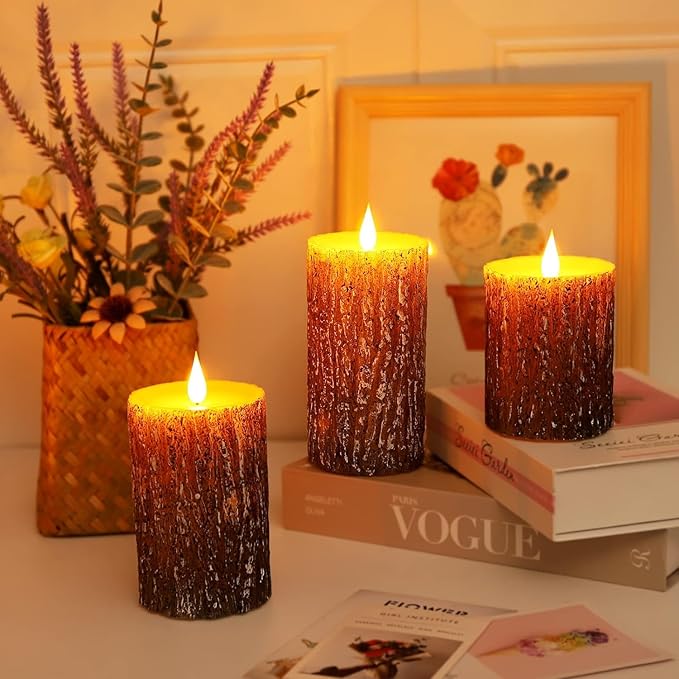 AKU TONPA Pine Bark Effect Flameless Candles Battery Operated Pillar Real Wax Flickering Electric LED Candle Sets with Remote Control Cycling 24 Hours Timer, 3" x 4" 5" 6" Pack of 3