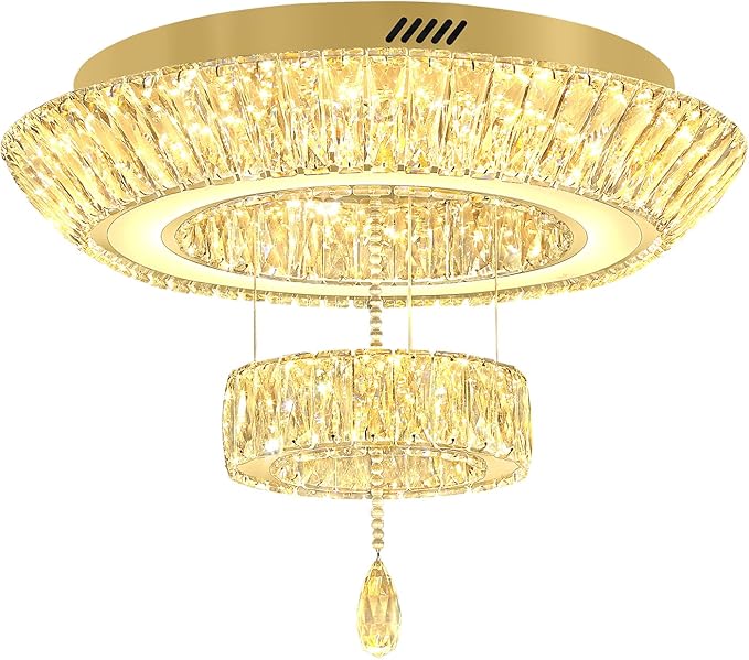 Led 24'' Gold Ring Crystal Chandelier,Modern Luxury 2-Tier Crystal Raindrop Chandeliers Lighting for Dining Living Room LED Dimmable 3000-6000K
