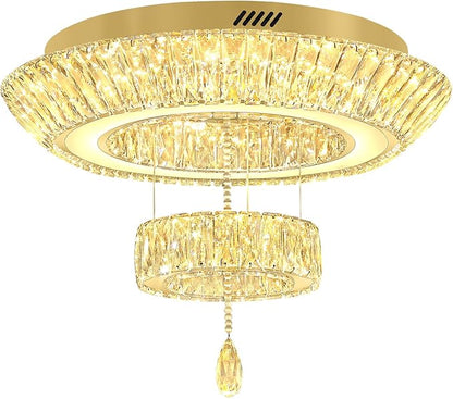 Led 24'' Gold Ring Crystal Chandelier,Modern Luxury 2-Tier Crystal Raindrop Chandeliers Lighting for Dining Living Room LED Dimmable 3000-6000K