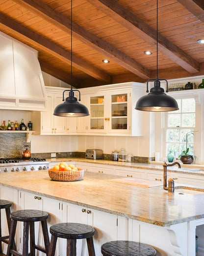 Black Farmhouse Pendant Light 2pack, 11.4in Vintage Kitchen Pendant Light Fixture, Adjustable Height, Modern Pendant Lighting, Metal Pendant Lights for Kitchen Island, Dining Room E26 Base