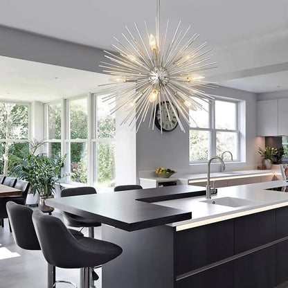 20" Modern Nickel Sputnik Chandelier 9-Lights Mid-Century Modern Starburst Chandelier Vintage Chrome Solid Metal Sputnik Chandeliers for Dining Room, Living Room, Bedroom, Kitchen, E12