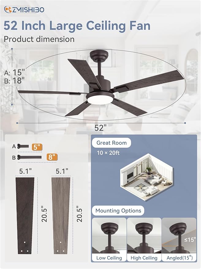 ZMISHIBO 52 inch Bronze Ceiling Fans with Lights and Remote, Indoor/Outdoor Farmhouse Ceiling Fan for Bedroom Living Room Patio, 6 Speed Reversible Quiet DC Motor, 3 CCT, Dual Finish Blades