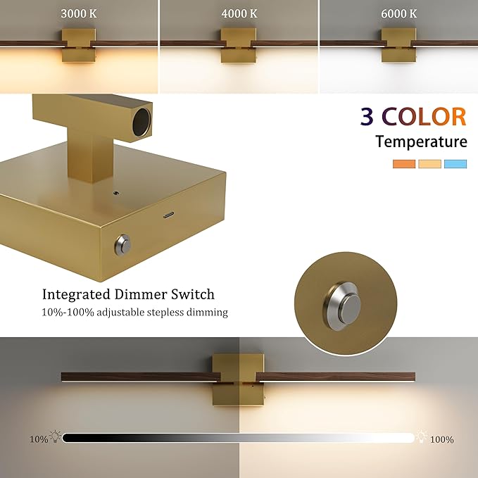 Rayogale 36 Inch Rechargeable Battery Operated Wall Sconce Set 2, 8000mAh Cordless, 3000K/4500K/6000K, Dimmable, Remote, Touch Control, 360° Rotation for Living Room Gold Walnut 2 Pack