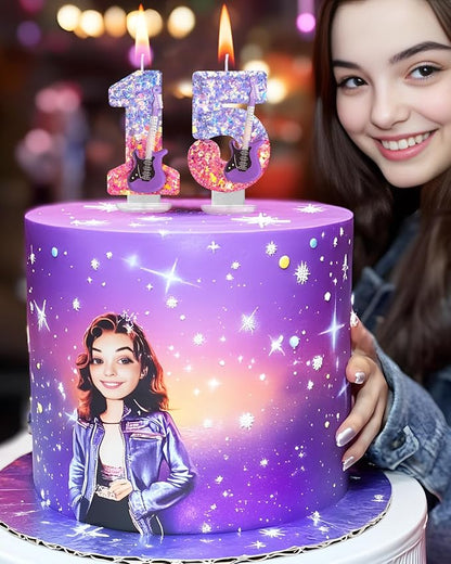 K-Pop Birthday Candle – Purple & Pink Glitter Music Theme Cake Candle with Guitar, Musical Party Decor for Girls, Teens, Kpop Fans (6)
