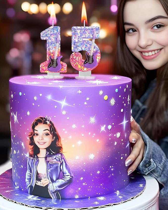 K-Pop Birthday Candle – Purple & Pink Glitter Music Theme Cake Candle with Guitar, Musical Party Decor for Girls, Teens, Kpop Fans (2)