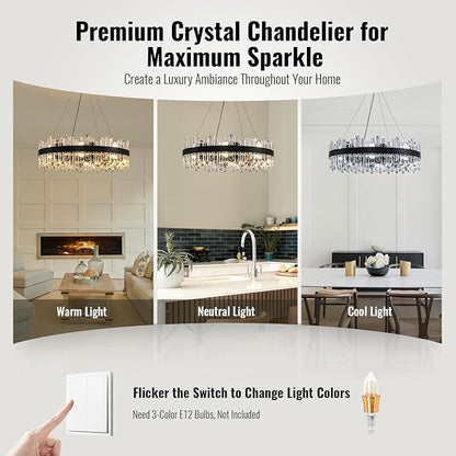 Modern Crystal Chandelier 16-Light Black Round 2 Tiers Raindrop Chandelier for Dining Room Luxury Large Flush Mount Ceiling Light for Living Room Entryway Foyer Bedroom D31.5''