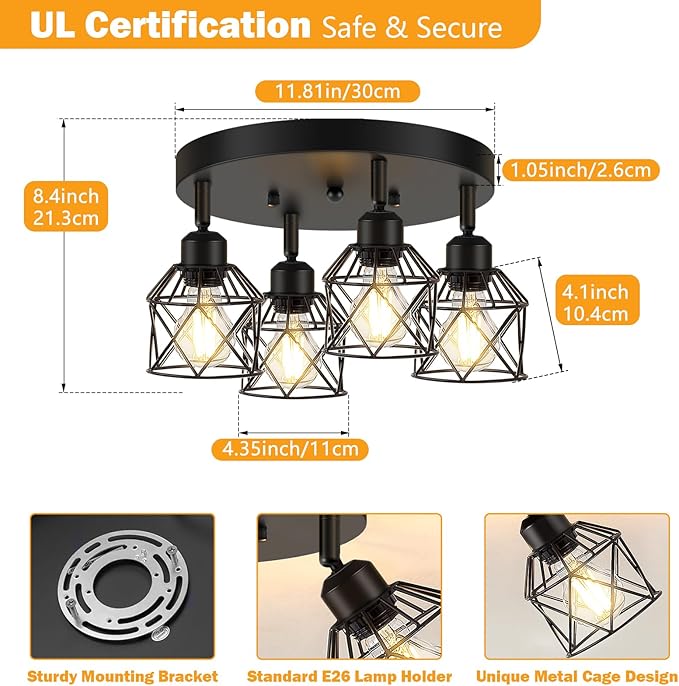 Baocuz 4-Light Kitchen Light Fixtures Ceiling Mount, Adjustable Multi-Directional Black Flush Mount Ceiling Light Fixture, Farmhouse Metal Cage Ceiling Lights for Dining Room Entryway Hallway