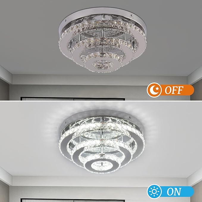 Modern Crystal Chandelier LED 3 Tier Crystal Ceiling Lights Flush Mount Round Chandeliers for Bedrooms Dining Room Living Room,Dia 13.8",Cool White,42 W