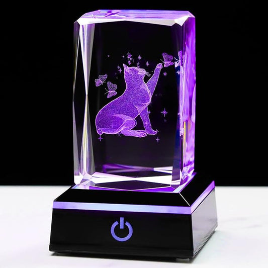 YWHL 3D Crystal Cat and Butterfly Figurine with Colorful Light Base, Laser Engraved Cat Gifts for Women Men on Birthday Christmas, Animal Figurine Collection for Home Decor