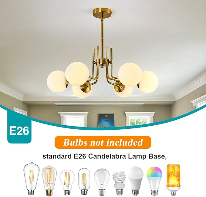 hesoge 6 Light Modern Sputnik Chandelier with Milk White Glass Globe Mid Century Gold Pendant Light Semi Flush Mount Ceiling Light Fixture for Dining Room Living Room Kitchen Entryway.