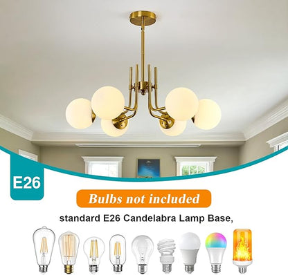 hesoge 6 Light Modern Sputnik Chandelier with Milk White Glass Globe Mid Century Gold Pendant Light Semi Flush Mount Ceiling Light Fixture for Dining Room Living Room Kitchen Entryway.