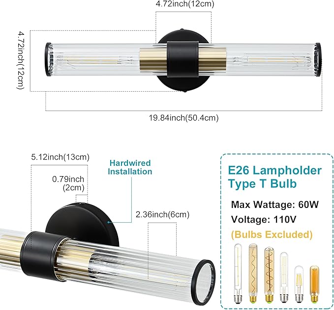 Bathroom Light Fixtures, Black Gold Wall Sconce in Threaded Glass Vanity Light, Modern Bathroom Wall Light for Bedroom, Living Room - Bulb Not Included