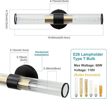 Bathroom Light Fixtures, Black Gold Wall Sconce in Threaded Glass Vanity Light, Modern Bathroom Wall Light for Bedroom, Living Room - Bulb Not Included
