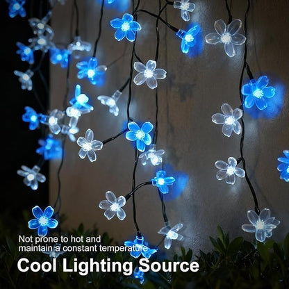 2 Pack Total 52FT 120 LED Solar String Lights Outdoor Waterproof Flower Fairy Lights for Garden Fence Patio Yard Christmas Tree Lawn Wedding Party Decor, Blue and Pure White
