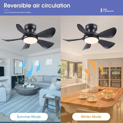 Kviflon 32 Inch Modern Ceiling Fans with Lights, Small Flush Mount Ceiling Fan with Light and Remote/APP Control, 5 Reversible 6 Speeds Curved Blades, 3 CCT Dimmable Lights for Bedroom, Black