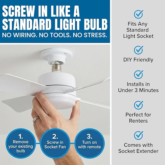 Bell+Howell Socket Breeze 15.4" Socket Fan Light, 5-Speed Deluxe Model – Portable Low Profile Ceiling Fans with Lights and Remote Control – For Bedroom, Kitchen, Living Room