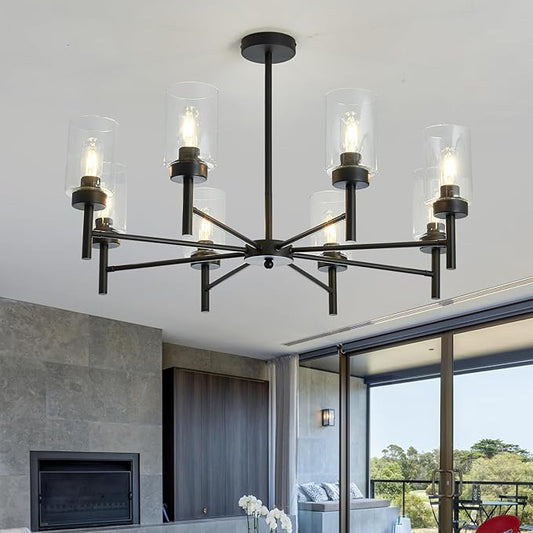 hesoge Black 8-Light Large Modern Chandelier,Clear Glass Metal Ceiling Light Fixture，Farmhouse Pendant Hanging for Kitchen Dining Room Living Room Bedroom.