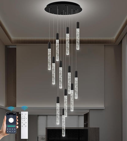 Modern High Ceiling Crystal Chandelier 12-Lights, Large Spiral LED Raindrop Foyer Pendant Lighting, Bubble Staircase Living Room Hanging Light Fixture Flush Mount Black