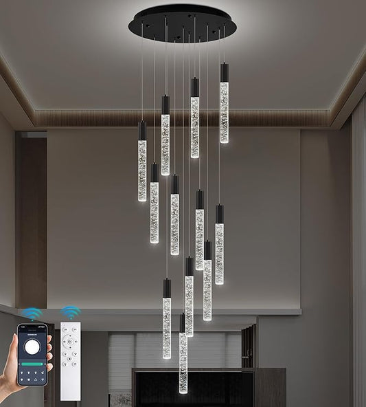 Modern High Ceiling Crystal Chandelier 12-Lights, Large Spiral LED Raindrop Foyer Pendant Lighting, Bubble Staircase Living Room Hanging Light Fixture Flush Mount Black