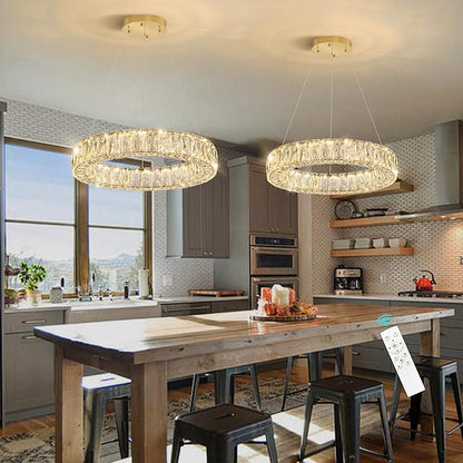 HAIXIANG Modern Crystal Chandelier Dimmable LED 16 Inch Ring Pendant Lights Adjustable Glam Chandeliers Lighting Fixtures for Dining Room Living Room Bedroom Gold Light