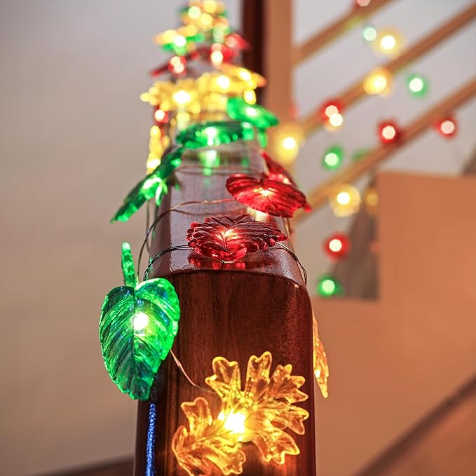 Thanksgiving Decoration Leaf Fairy String Lights Fall Garland Leaf Decorative Lights Harvest Maple Oak Decor 10ft 30LED Battery Operated String Lights Autumn Wreath for Bedroom Window Tree Décor