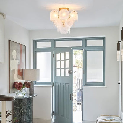Modern Flush Mount Glass Ceiling Light, Gold Hallway Lights Vintage Chandelier, 4-Light Unique Light Fixture for Bedroom Entryway Loft Kitchen Laundry Bathroom Farmhouse