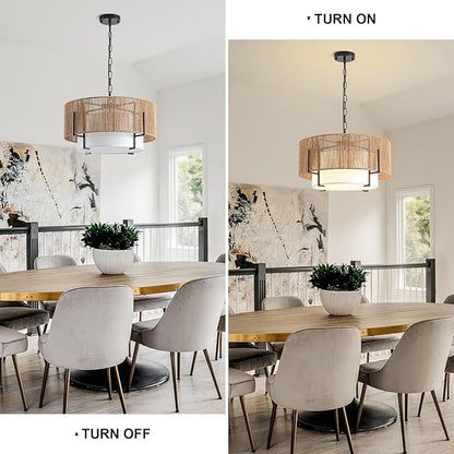 4-Light Rattan Chandelier, 19.7" Boho Pendant Light with Fabric Shade, Farmhouse Rattan Hanging Ceiling Light Fixture for Dining Room, Living Room, Kitchen Island, Bedroom, Hallway, Foyer