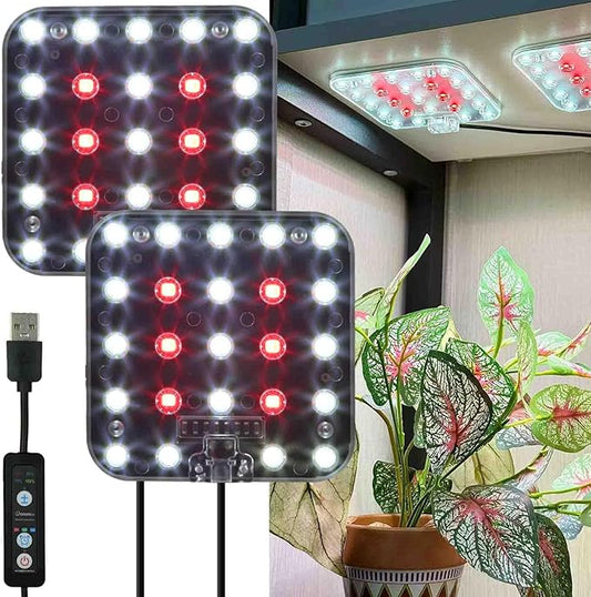 Full Spectrum LED Grow Light for Indoor Plants, 2 Panels 10W with 6/12/16h Timer Dimmable Plant Lights for Flower Veg Plant Growth USB, Natural White, 1-Pack