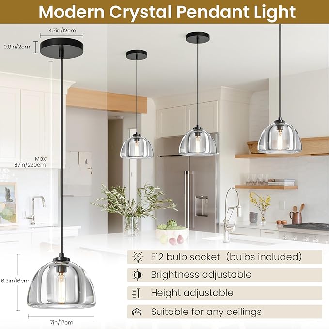 Crystal Pendant Light Kitchen Island: 2 Pack Luxury Brass Hanging Lights - 7" Modern Crystals Hemispher Lighting Fixture over Dining Table - Adjustable Black Pendants Light for Bathroom Bulbs Included